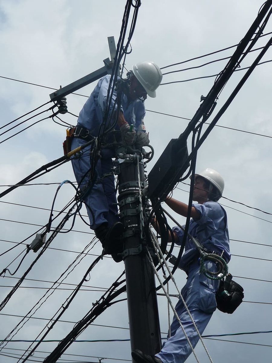 Operarios de la compañía eléctrica trabajando sobre un apoyo de la red de distribución