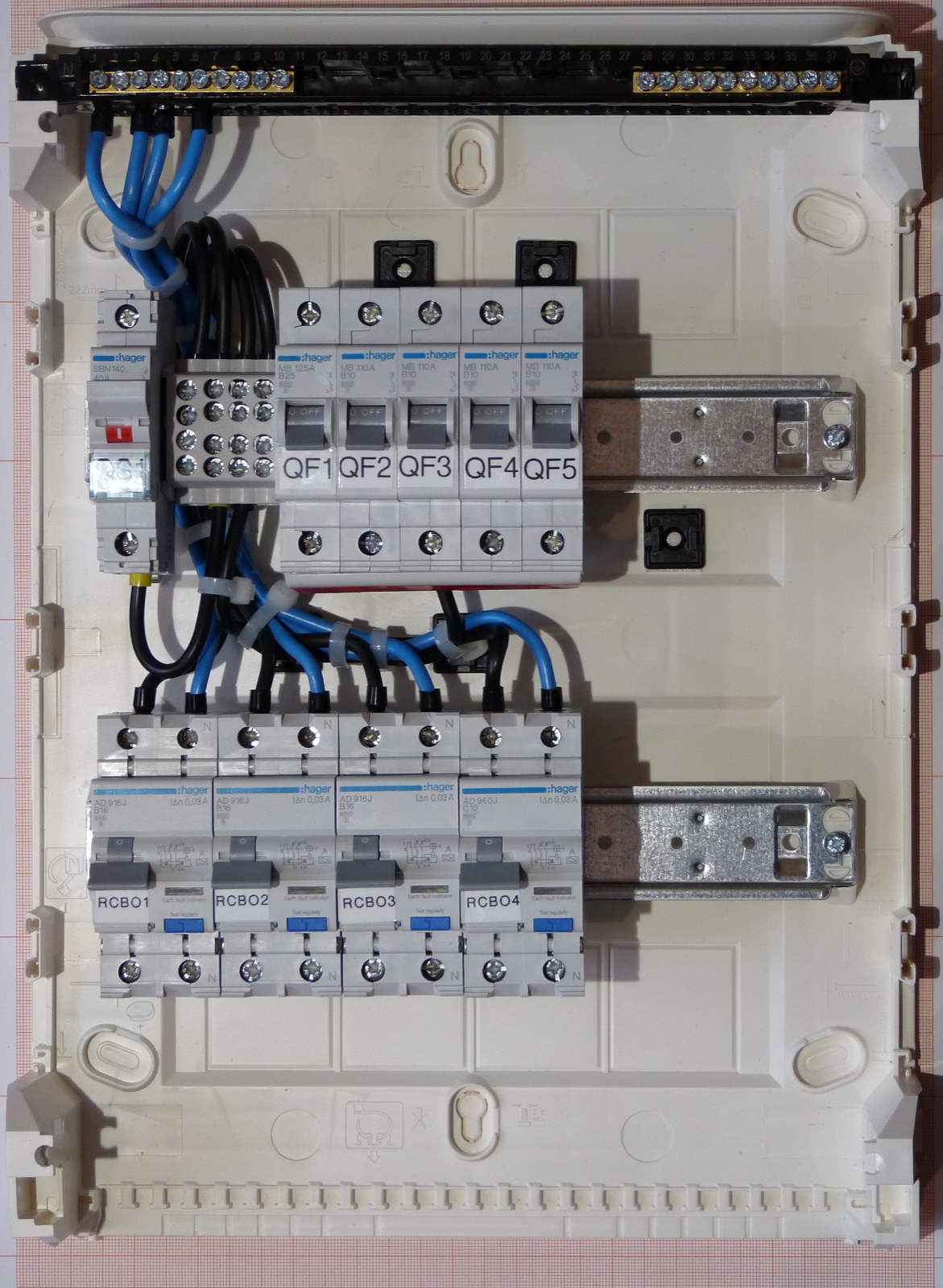 Cuadro eléctrico doméstico con interruptores automáticos y diferencial montados en carril DIN