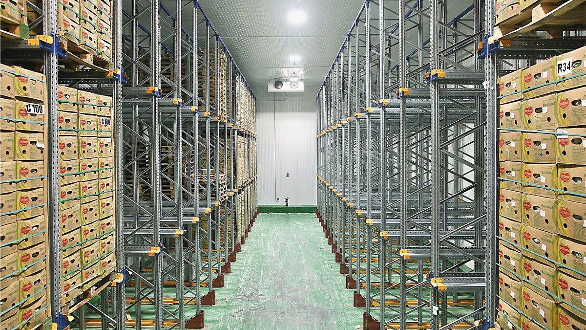 Interior de una nave logística con estanterías metálicas de paletización e iluminación LED en el techo