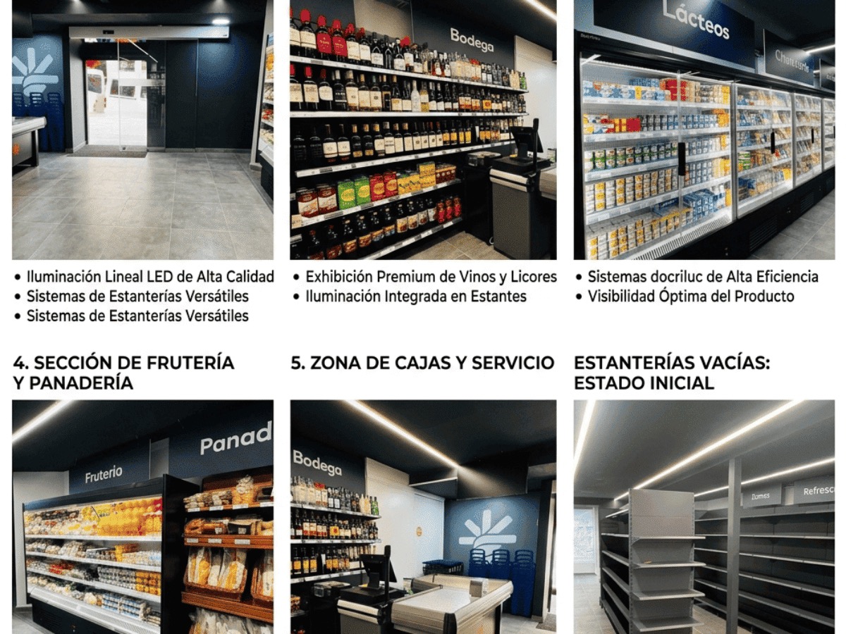 Interior de supermercado con iluminación LED en el techo y mobiliario refrigerado en los pasillos